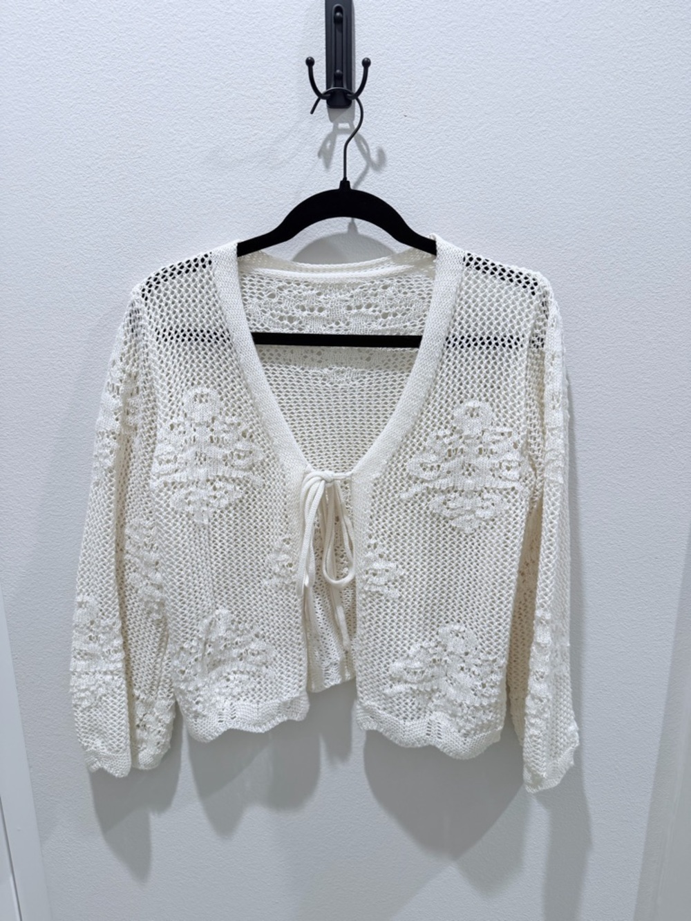 Women's Cream Open-Knit Tie-Front Sweater